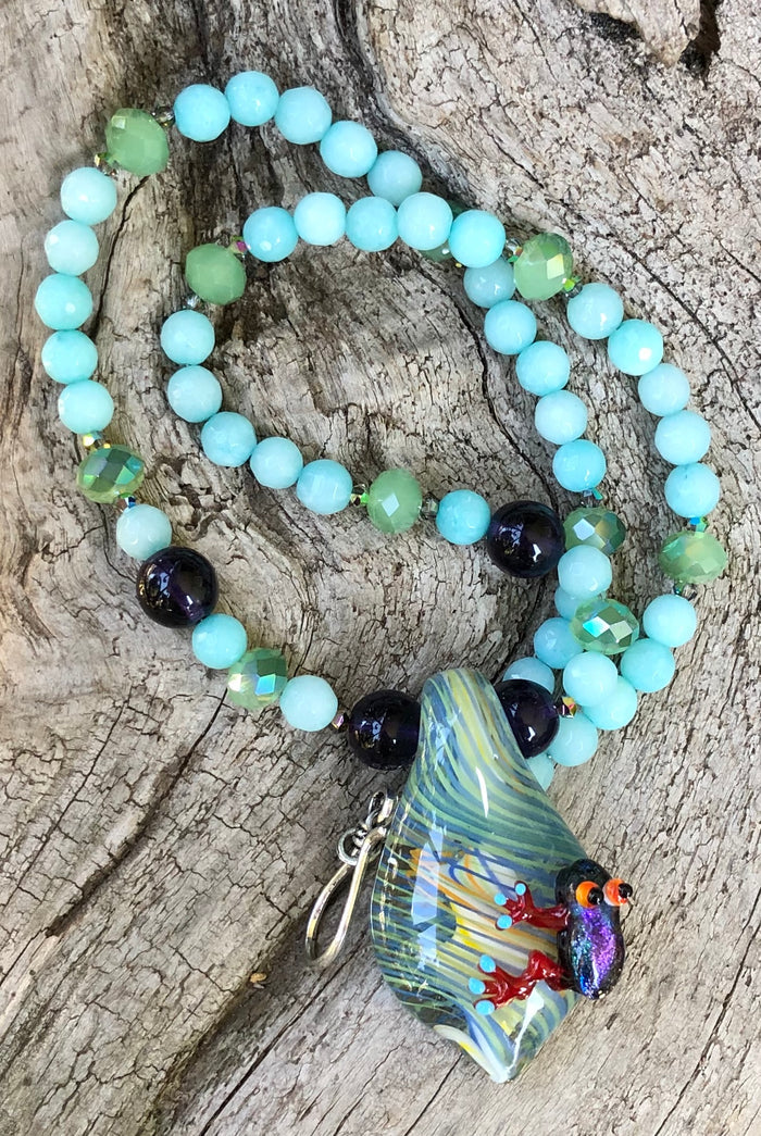Lampwork Glass Necklace - Frog with Amazonite and Crystals