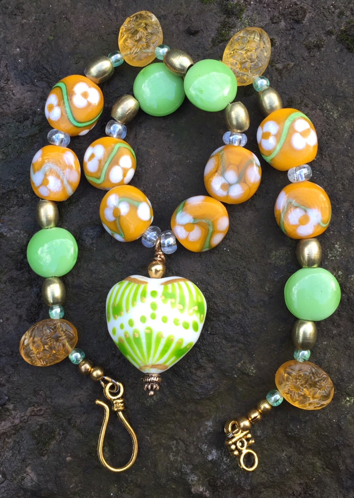 Lampwork Glass Necklace - Gold, Green, and Yellow