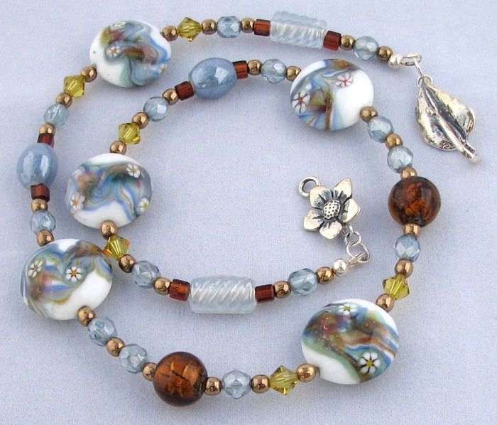 Lampwork Glass Necklace - Light Blue Amber and Lime