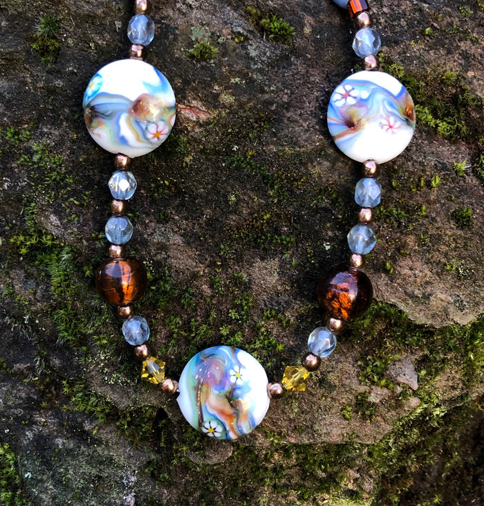 Lampwork Glass Necklace - Light Blue Amber and Lime