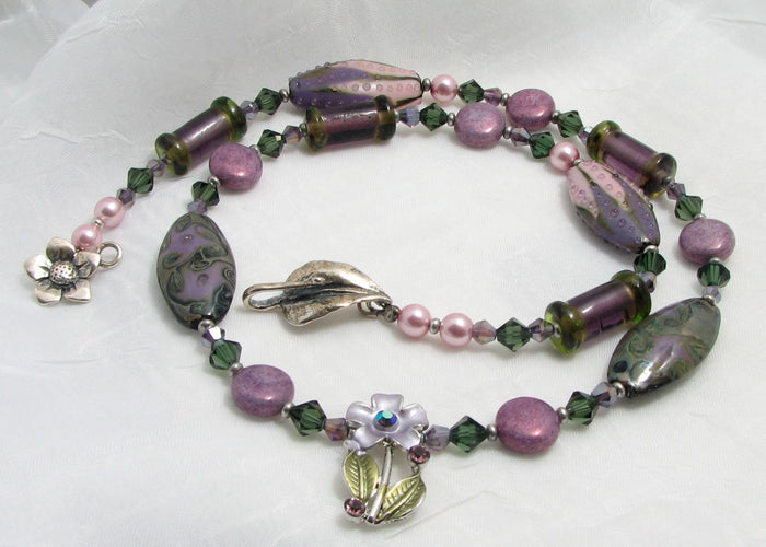Lampwork Glass Necklace - Purple Olive Swirl