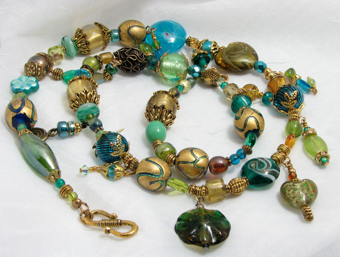 Lampwork Necklace - Gold Aqua and Chartreuse Dangles
