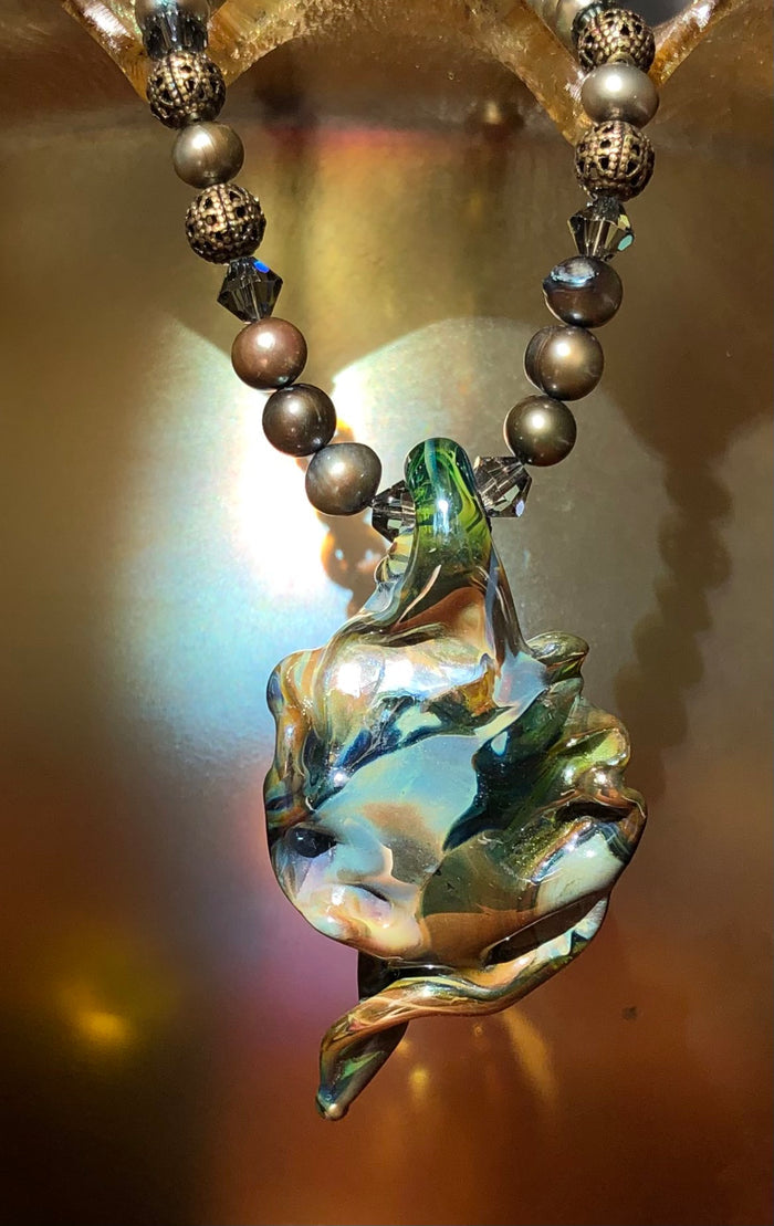 Lampwork Necklace - Mossy with pearls and bronze