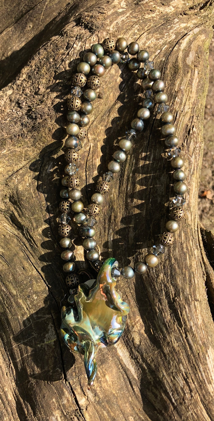 Lampwork Necklace - Mossy with pearls and bronze