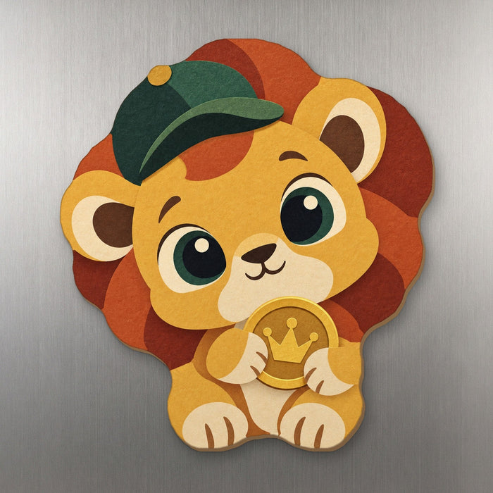 Lion's Share o' Luck wood magnet M360 on a stainless steel fridge, made in USA