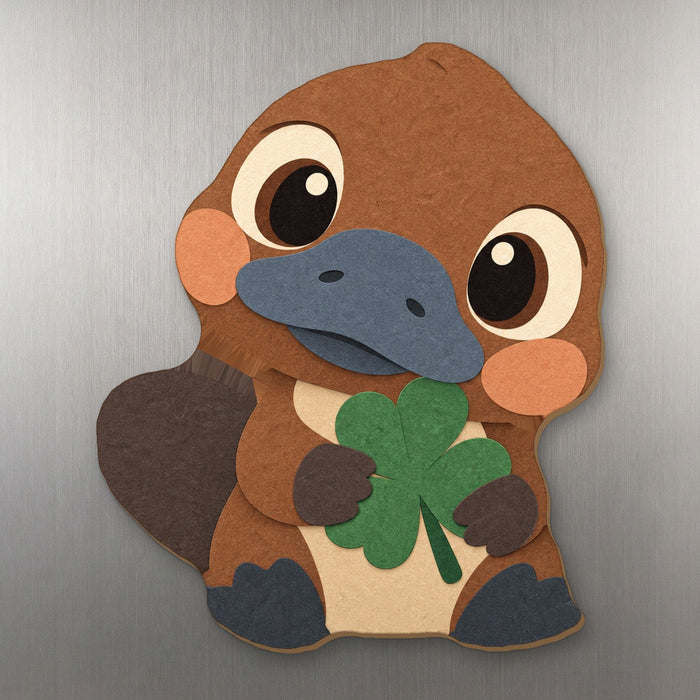 Lucky Duck-Bill Platypus wood magnet M359 on a stainless steel fridge, made in USA