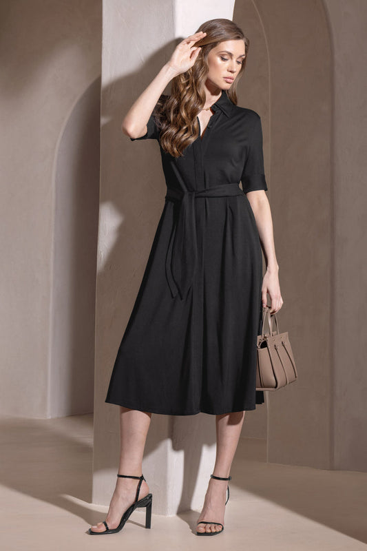 Model wearing Luminary Black Icy Bamboo® short sleeve belted dress.