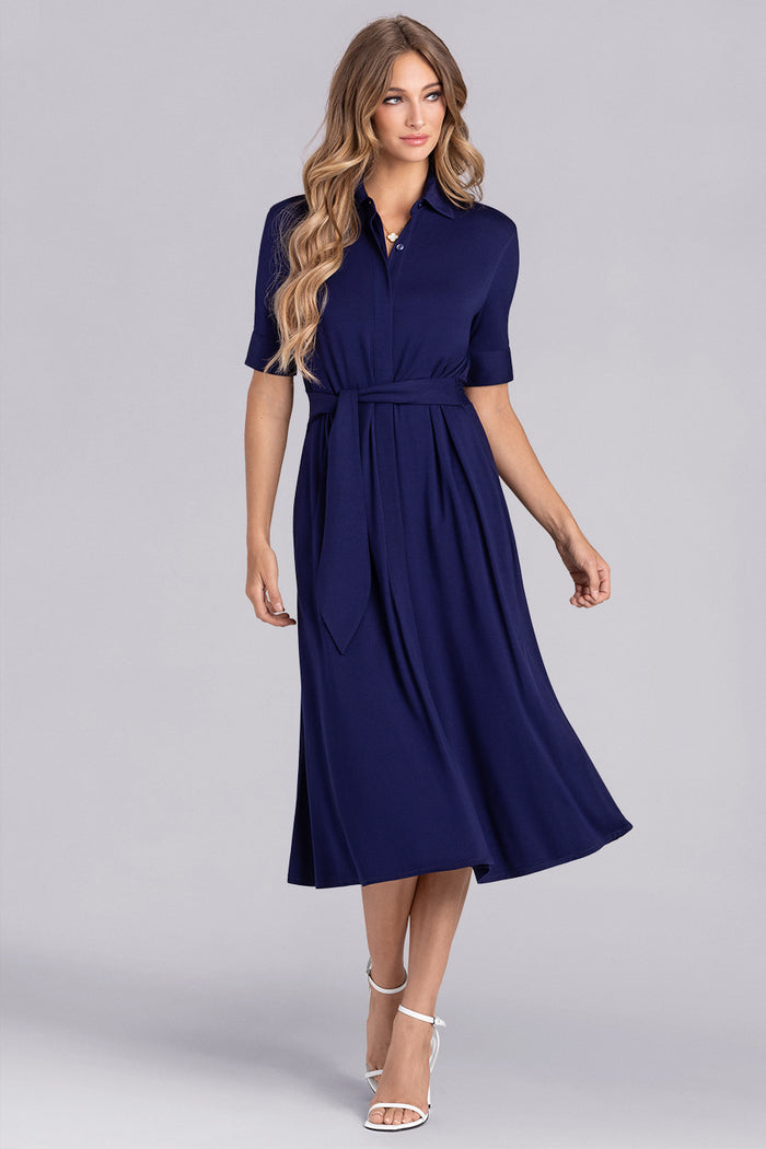 Model wearing Luminary Deep Sea Blue Icy Bamboo® short sleeve belted dress.