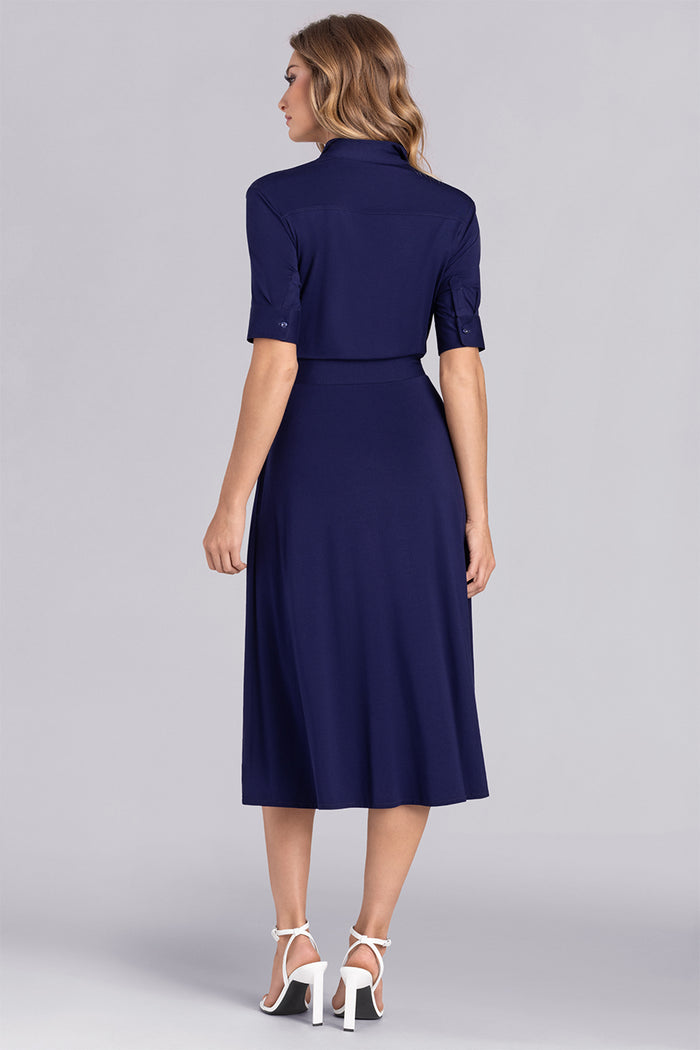 Model wearing Luminary Deep Sea Blue Icy Bamboo® short sleeve belted dress.