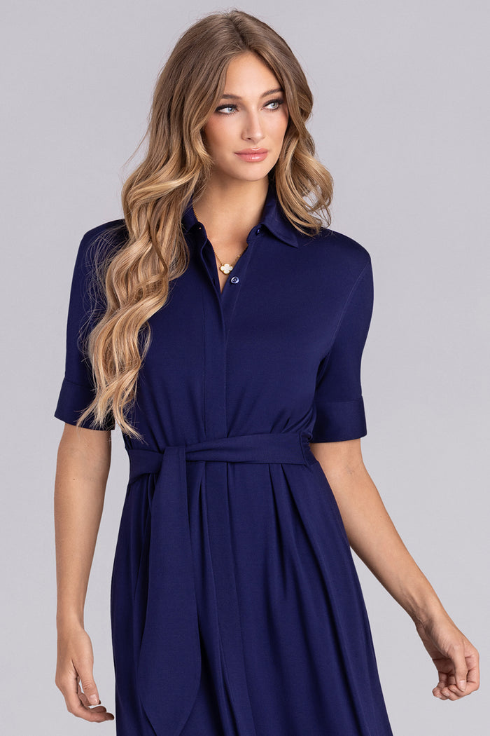Model wearing Luminary Deep Sea Blue Icy Bamboo® short sleeve belted dress.