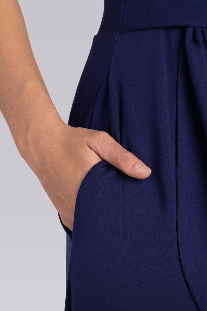 Model wearing Luminary Deep Sea Blue Icy Bamboo® short sleeve belted dress.