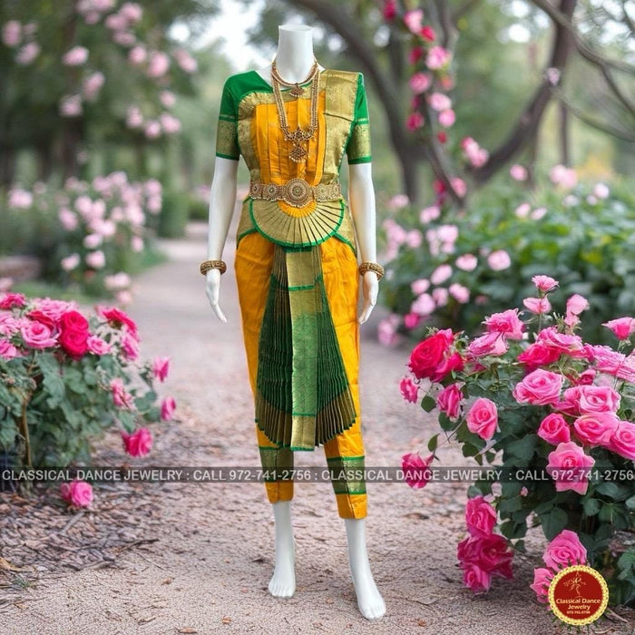 Classical Dance Jewelry MANGO YELLOW GREEN 36 inch Pant Length Bharatanatyam Gold Zari Dance Costume | Art silk Dharmavaram Kanchi | Classical Dance Jewelry