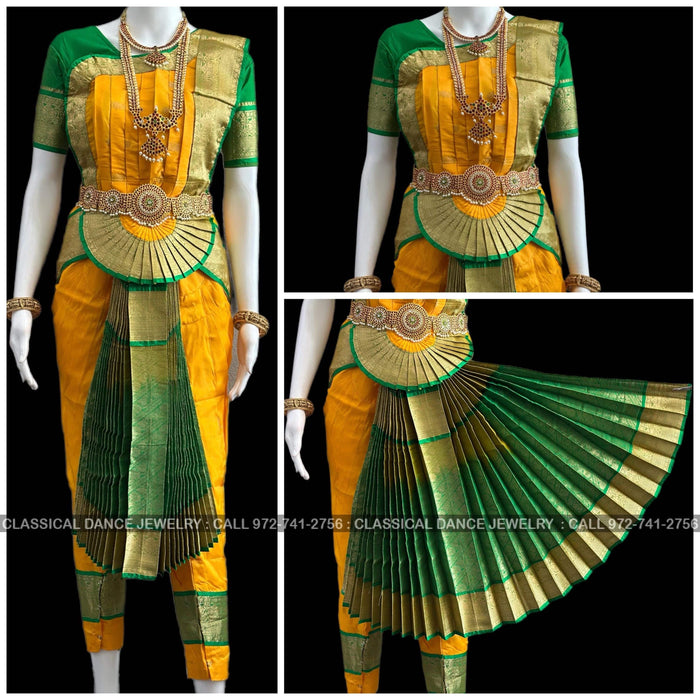 Classical Dance Jewelry MANGO YELLOW GREEN 36 inch Pant Length Bharatanatyam Gold Zari Dance Costume | Art silk Dharmavaram Kanchi | Classical Dance Jewelry