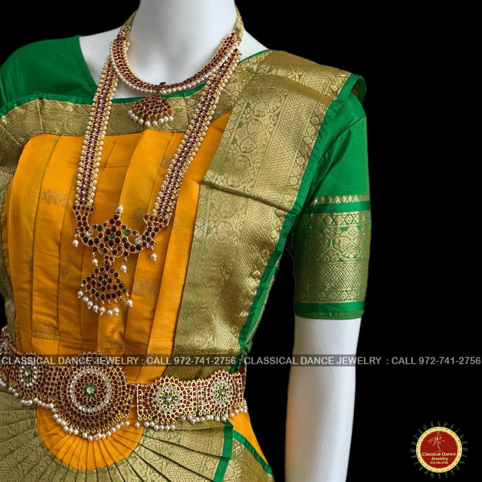 Classical Dance Jewelry MANGO YELLOW GREEN 36 inch Pant Length Bharatanatyam Gold Zari Dance Costume | Art silk Dharmavaram Kanchi | Classical Dance Jewelry
