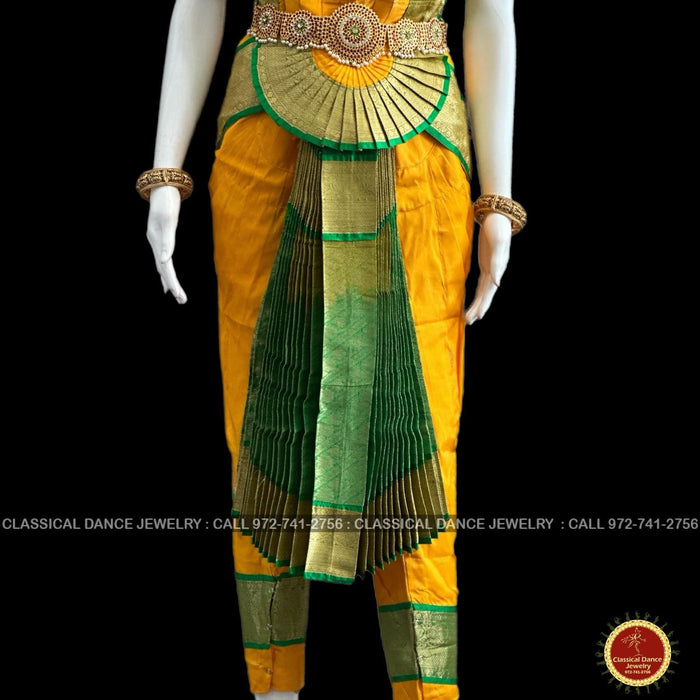 Classical Dance Jewelry MANGO YELLOW GREEN 36 inch Pant Length Bharatanatyam Gold Zari Dance Costume | Art silk Dharmavaram Kanchi | Classical Dance Jewelry