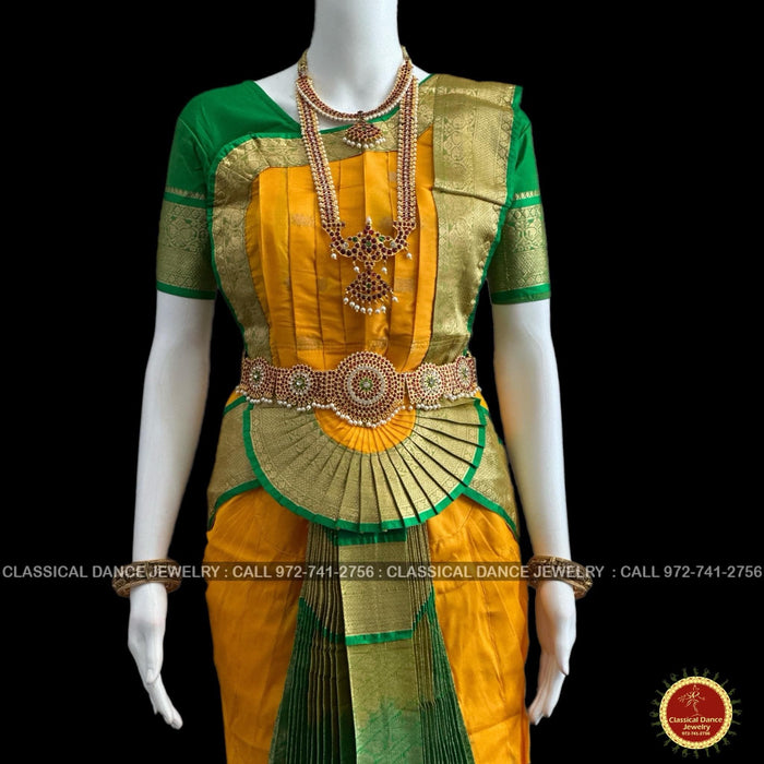 Classical Dance Jewelry MANGO YELLOW GREEN 36 inch Pant Length Bharatanatyam Gold Zari Dance Costume | Art silk Dharmavaram Kanchi | Classical Dance Jewelry
