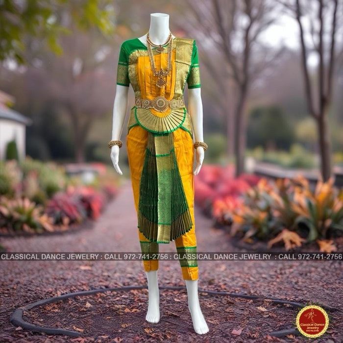 Classical Dance Jewelry MANGO YELLOW GREEN 36 inch Pant Length Bharatanatyam Gold Zari Dance Costume | Art silk Dharmavaram Kanchi | Classical Dance Jewelry