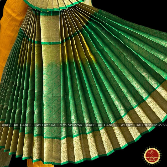 Classical Dance Jewelry MANGO YELLOW GREEN 36 inch Pant Length Bharatanatyam Gold Zari Dance Costume | Art silk Dharmavaram Kanchi | Classical Dance Jewelry
