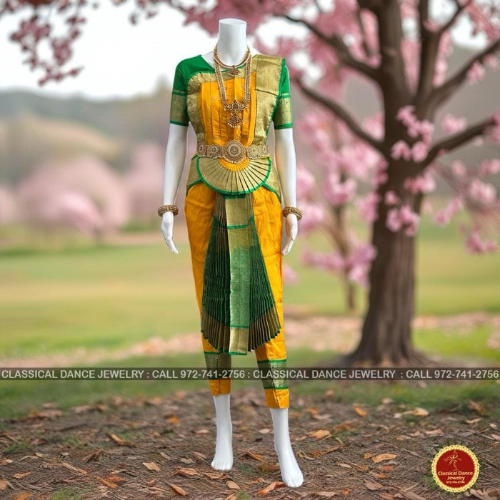 Classical Dance Jewelry MANGO YELLOW GREEN 36 inch Pant Length Bharatanatyam Gold Zari Dance Costume | Art silk Dharmavaram Kanchi | Classical Dance Jewelry