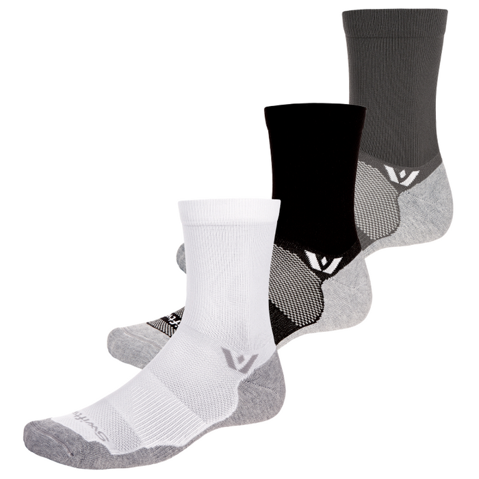Three pairs of Maxus Mid-Crew socks in white, black, and gray