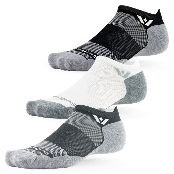 Black, white, and gray no show socks on white background
