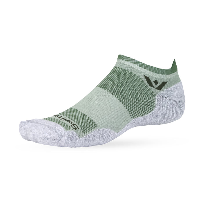 Side view of Swiftwick Maxus No Show sock in sage green with cushioned grey heel and toe, mesh knit on white background