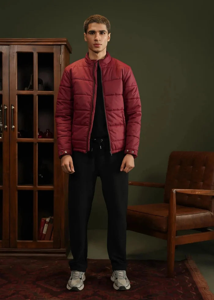 Burgundy quilted bubble jacket for men with full-zip front and stand collar