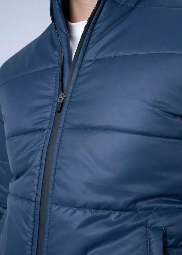 Navy quilted insulated jacket, full-zip front detail