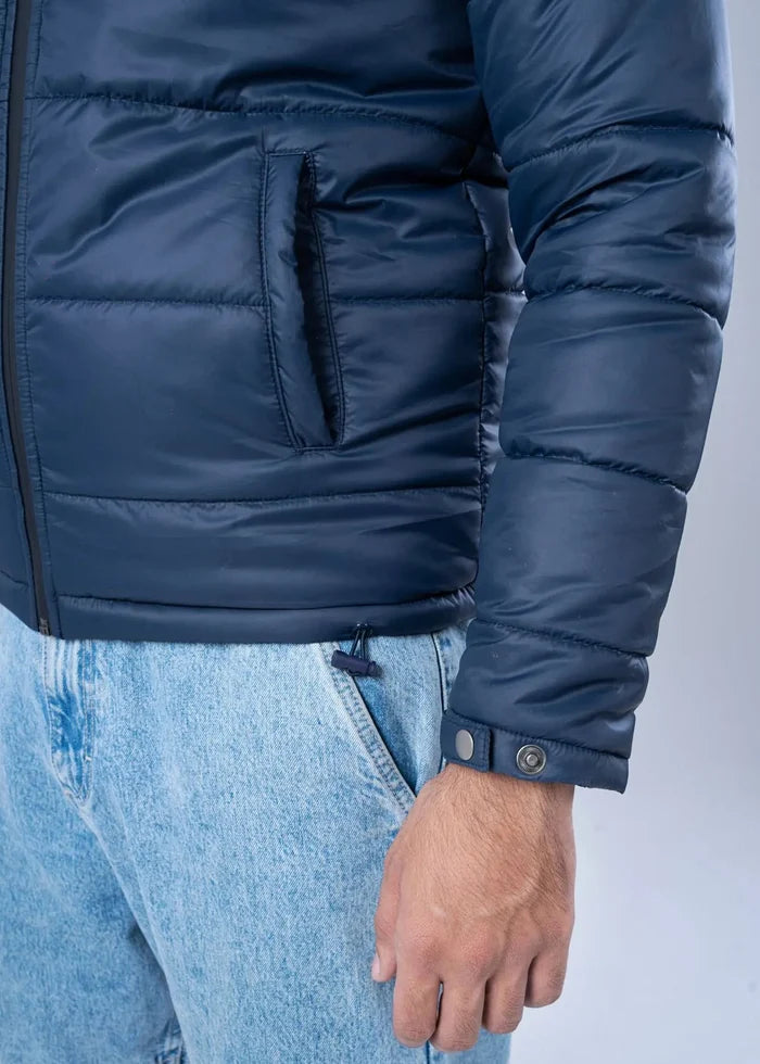 Navy quilted insulated jacket sleeve with snap cuff and chest pocket