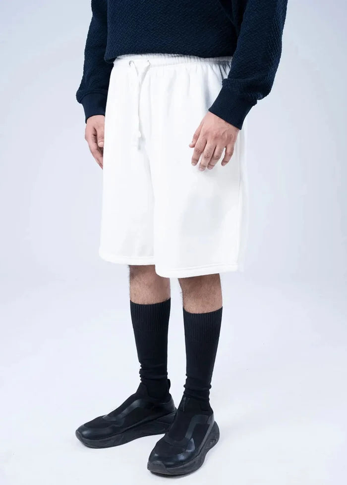 Men's fleece casual shorts, white, elastic waistband and drawstring