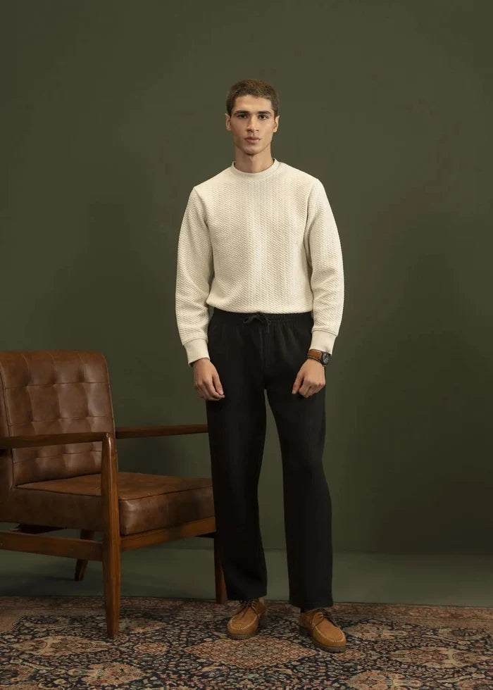 Men's black pull-on winter trousers, elastic waist, relaxed straight legs