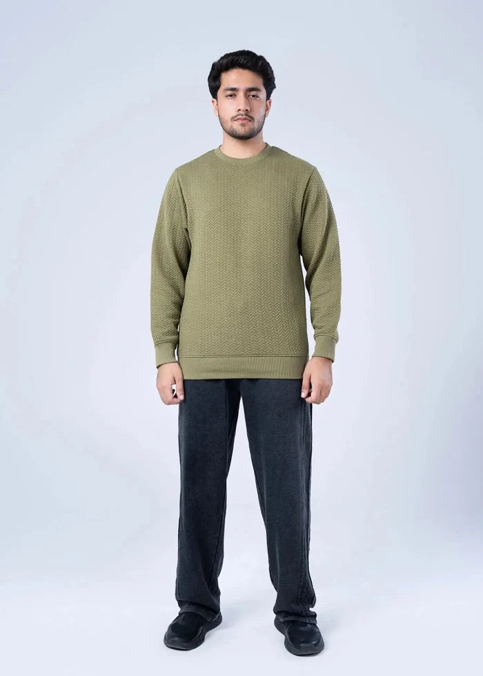 Men's olive jacquard crewneck winter sweatshirt with long sleeves and ribbed cuffs
