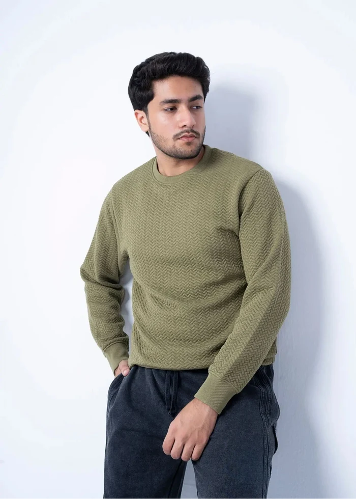 Men's olive jacquard crewneck winter sweatshirt with long sleeves and ribbed cuffs