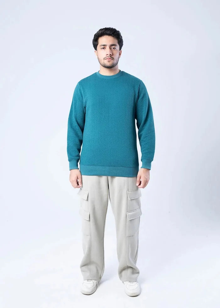 Men's teal jacquard crewneck sweatshirt, front view with ribbed cuffs and straight hem