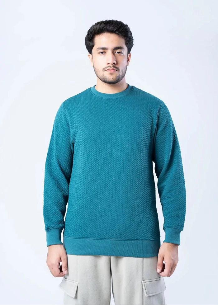 Men's teal jacquard sweatshirt, close-up crew neck and ribbed cuffs