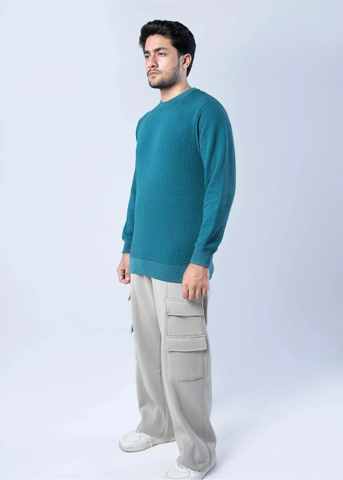 Men's teal jacquard crewneck sweatshirt, long sleeves with ribbed cuffs and hem
