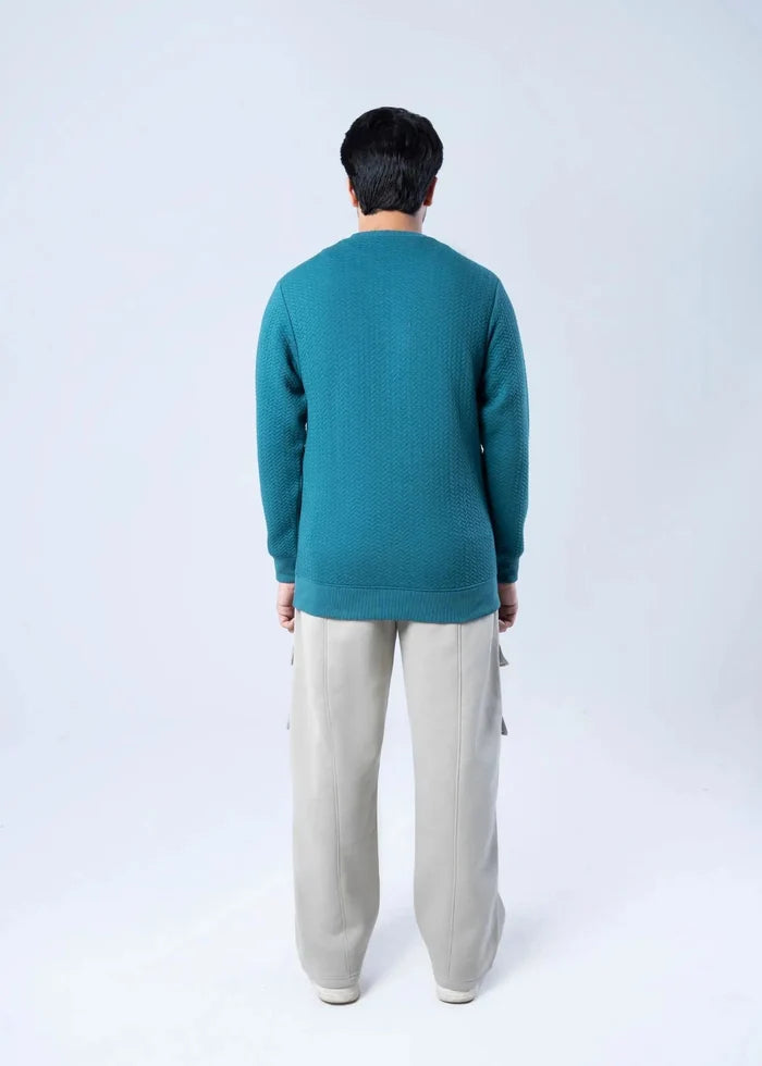 Men's teal jacquard crewneck sweatshirt, back view with ribbed hem and cuffs