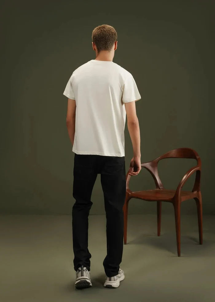 Off-white men's graphic T-shirt, back view with short sleeves.