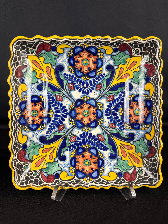 Mid-Century Puebla Mexican Casa Rugerio Signed Talavera Ceramic Square Plate