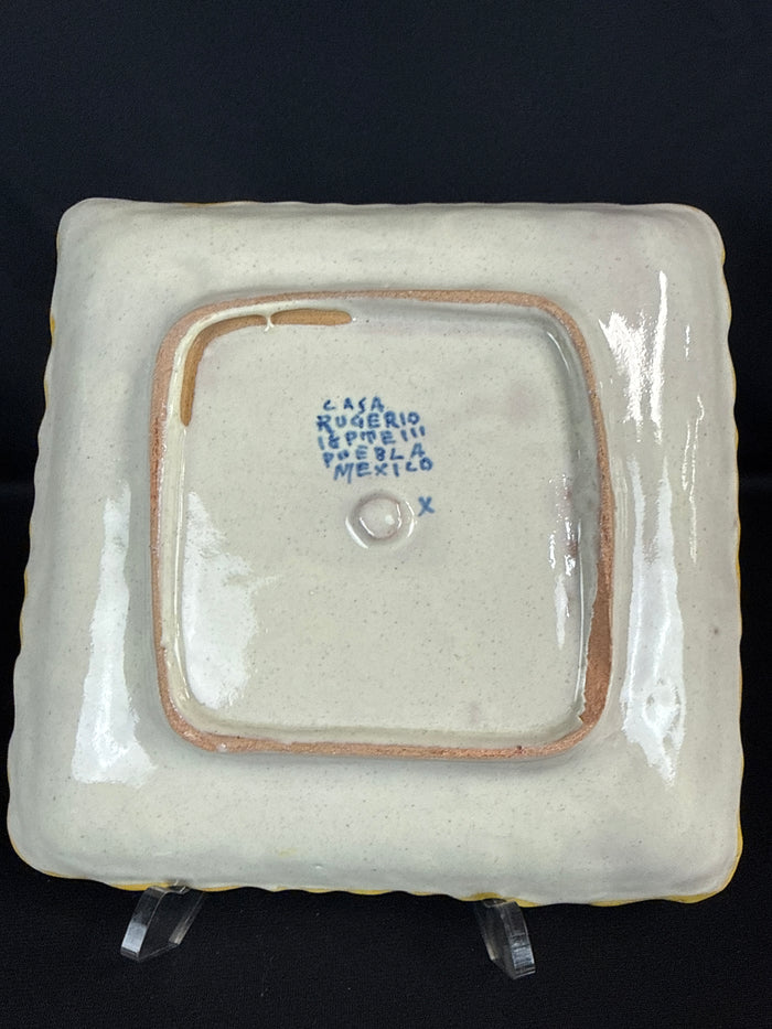 Mid-Century Puebla Mexican Casa Rugerio Signed Talavera Ceramic Square Plate