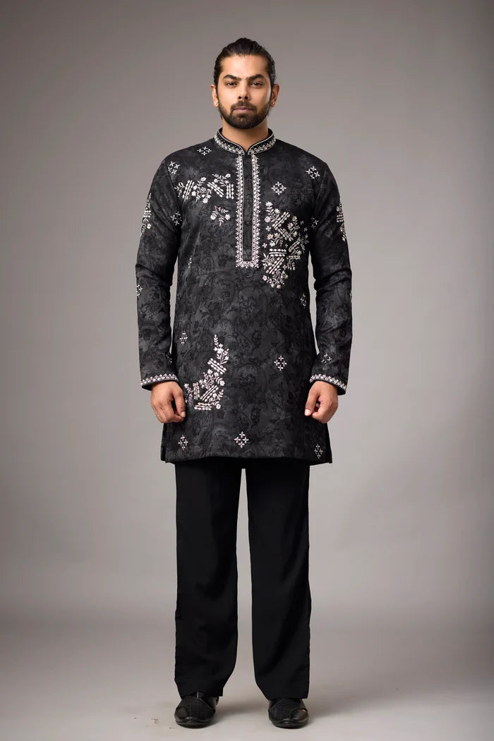 Midnight Black Floral Embroidered Kurta Set for Men | Mahavir NX