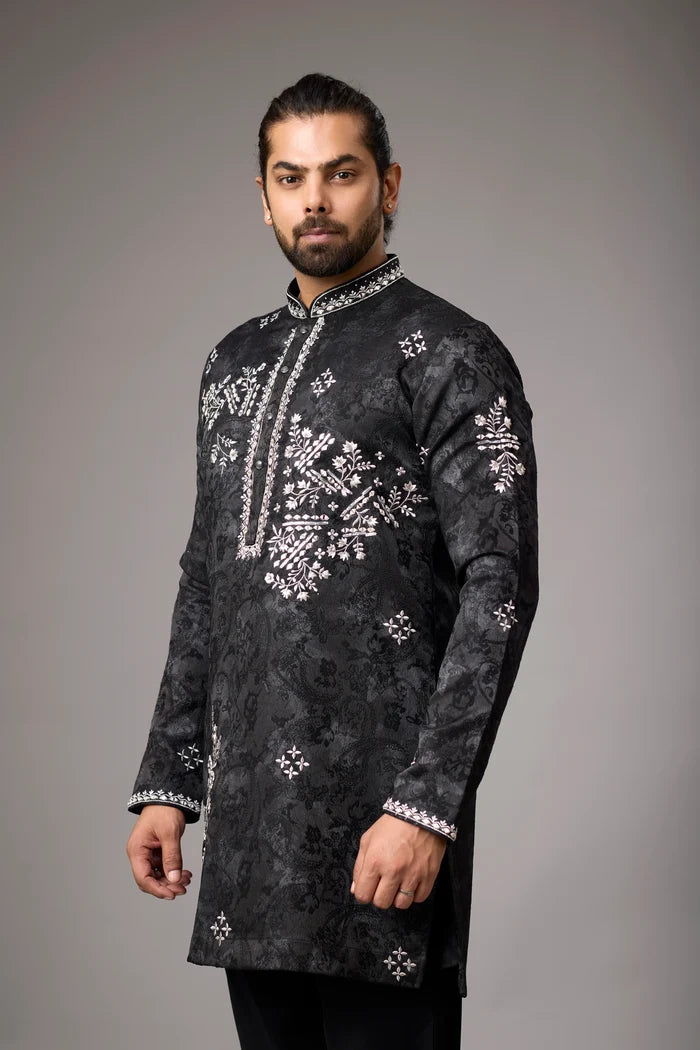 Floral Embroidered Black Kurta Set – Wedding & Reception Wear | Mahavir NX