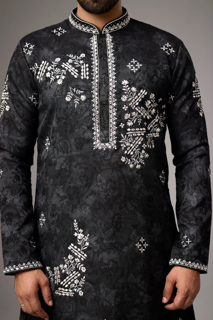 Midnight Black Floral Kurta Pajama Set – Front View | Mahavir NX
