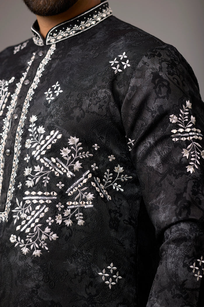 Premium Black Tonal Embroidered Ethnic Kurta – Side View | Mahavir NX
