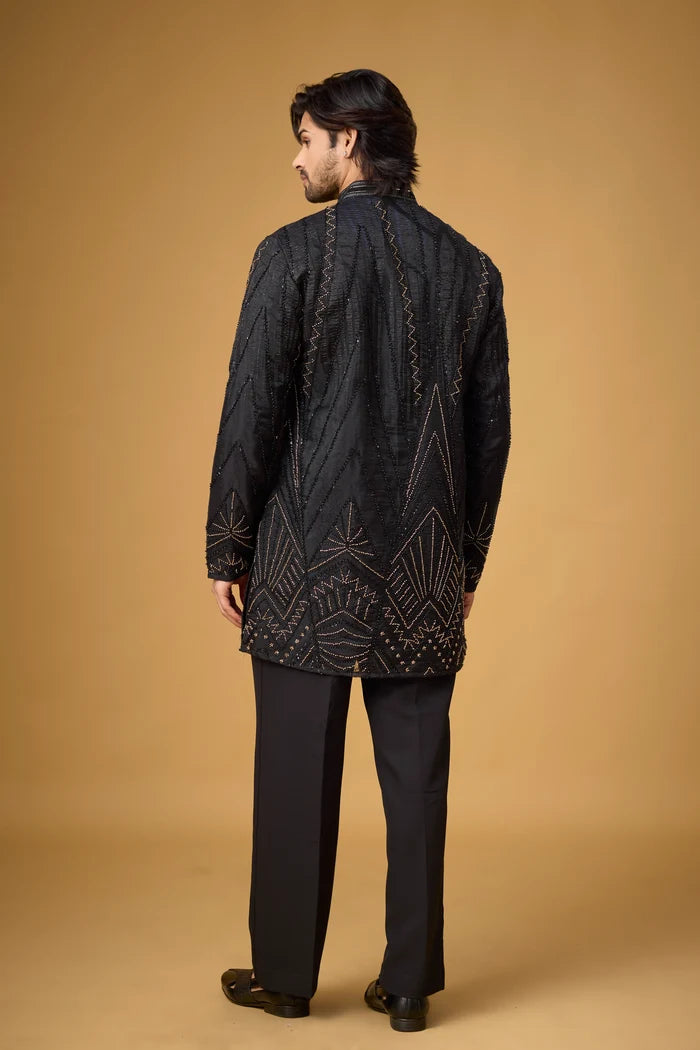 Black Geometric Embroidered Kurta Pajama Set – Front View | Mahavir NX