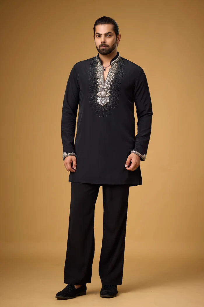 Midnight Black Pearlwork Neckline Kurta Set for Men | Mahavir NX