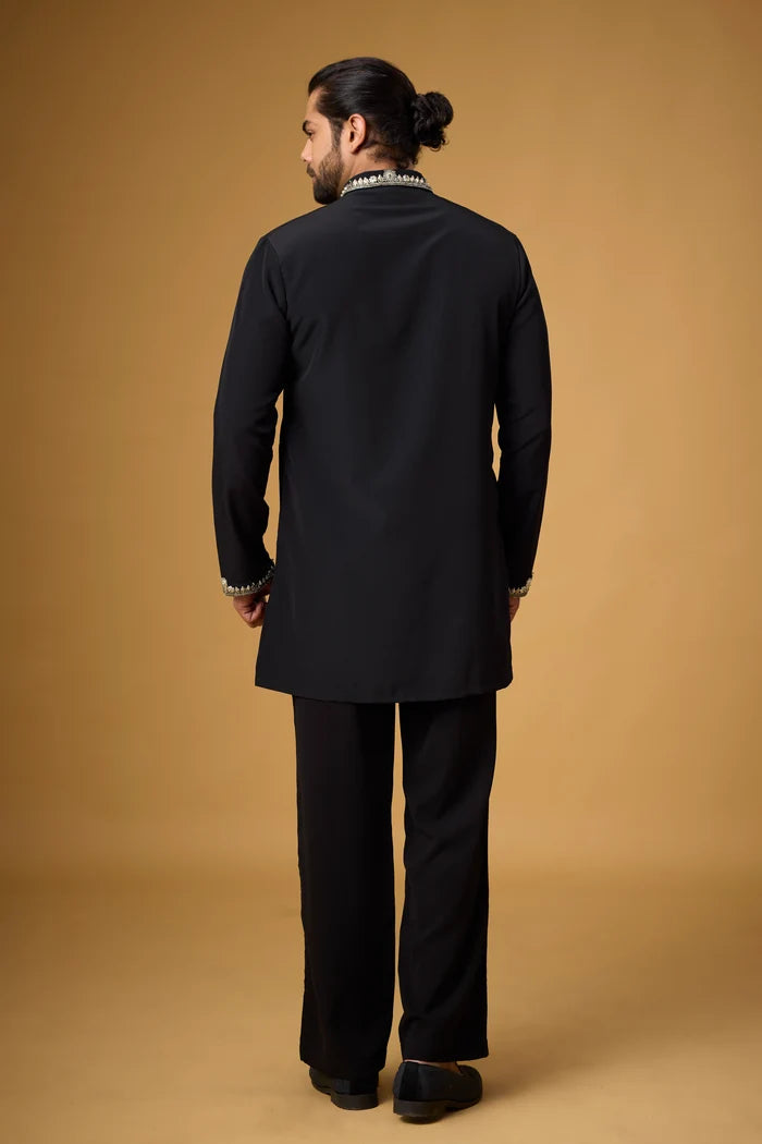 Black Pearlwork Kurta Pajama Set for Men – Front View | Mahavir NX