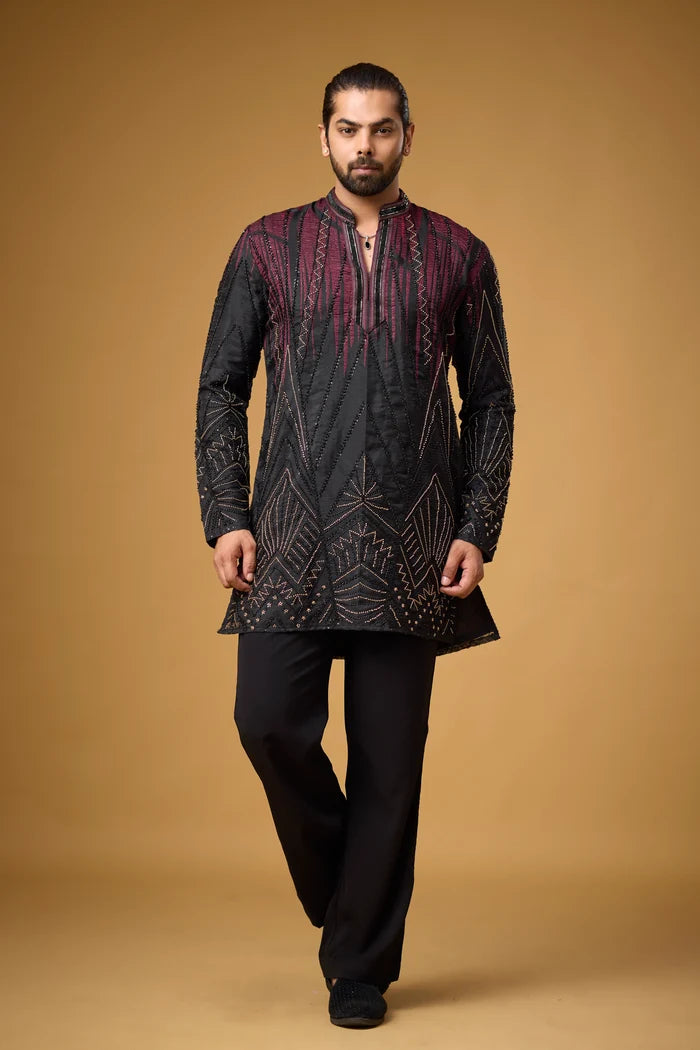 Maroon Detail Geometric Kurta Set – Evening Festive Wear | Mahavir NX