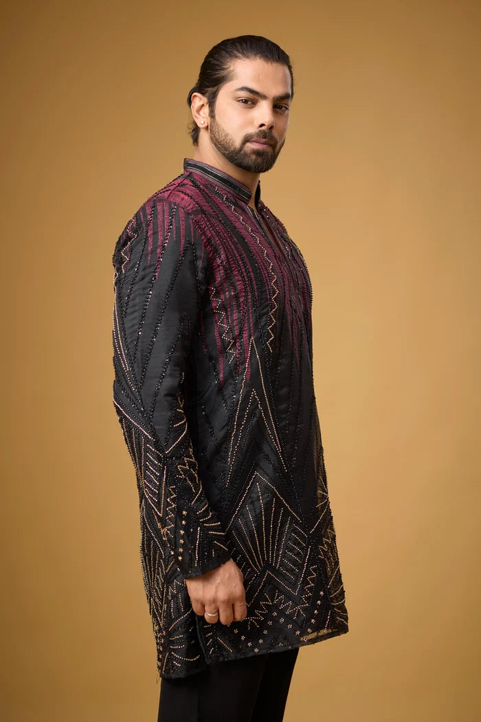 Midnight Maroon Geometric Kurta Pajama Set – Front View | Mahavir NX