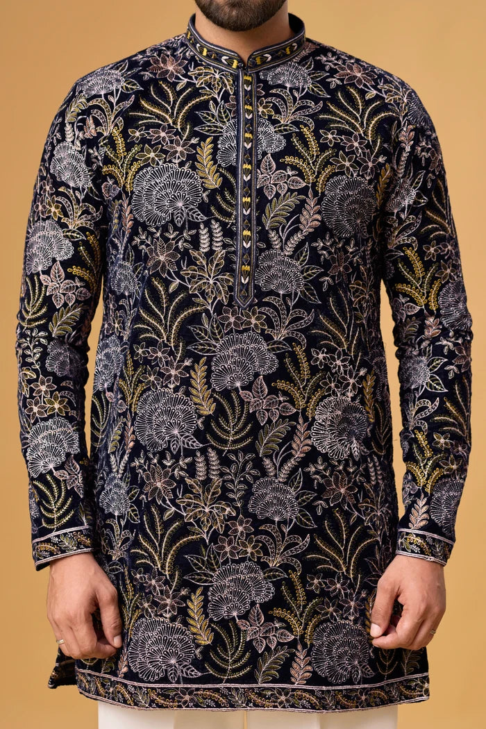 Designer Navy Blue Embroidered Ethnic Kurta – Side View | Mahavir NX